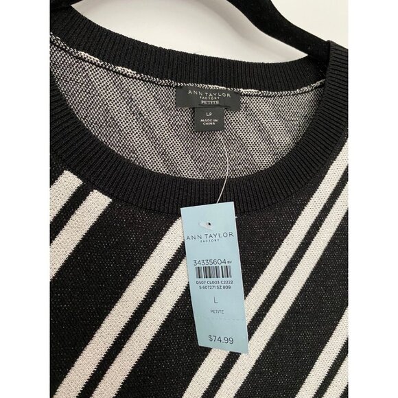 NWT Ann Taylor Black White Diagonal Stripe Short Sleeve Sweater Size Large Petit - Picture 2 of 5